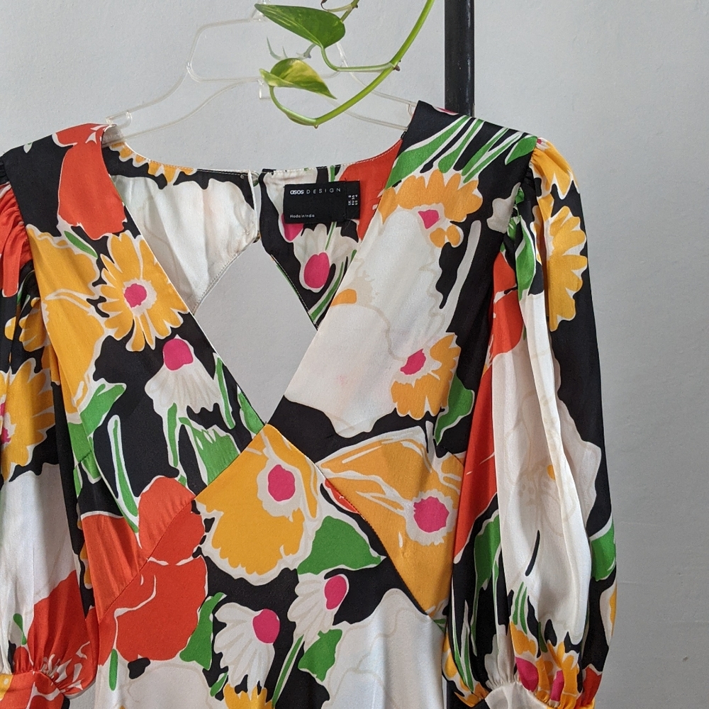 ASOS floral puff long sleeve slit dress